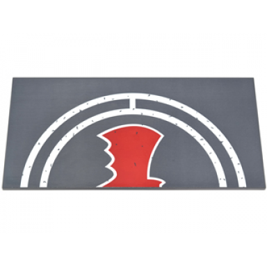 dark bluish gray tile 8 x 16 with bottom tubes textured surface with half white landing pad circles and red bat symbol pattern left side sticker - set 76052