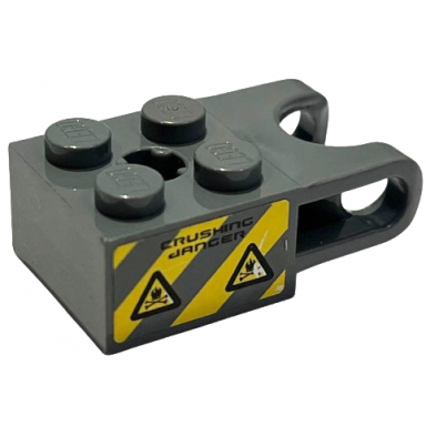 dark bluish gray technic brick modified 2 x 2 with ball socket and axle hole - straight forks with round ends and open sides with danger stripes and crushing danger pattern sticker - set 7984