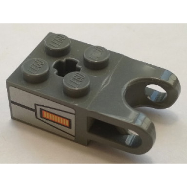 dark bluish gray technic brick modified 2 x 2 with ball socket and axle hole - straight forks with round ends and open sides with yellow grille and black lines pattern model right side sticker - set 70327