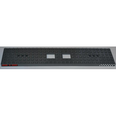 dark bluish gray train base 6 x 28 with 3 round holes each end and 2 x 2 cutouts with oil hydraulics and checkered stripe pattern on both sides stickers - set 4643