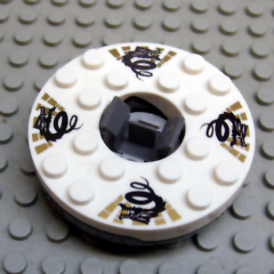 dark bluish gray turntable 6 x 6 x 1 1 3 round base with white top with black dragons on gold pattern ninjago spinner