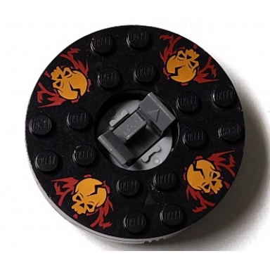 dark bluish gray turntable 6 x 6 x 1 1 3 round base with black top with orange skulls on red pattern ninjago spinner