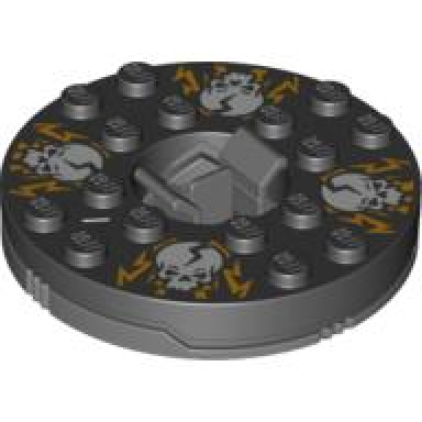 dark bluish gray turntable 6 x 6 x 1 1 3 round base with black top with white skulls on orange pattern ninjago spinner