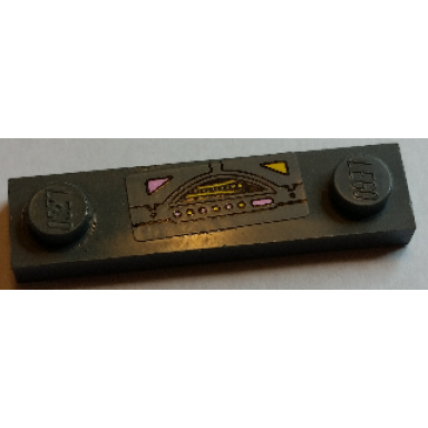 dark bluish gray plate modified 1 x 4 with 2 studs without groove with control panel with bright pink and yellow lights pattern sticker - set 7930