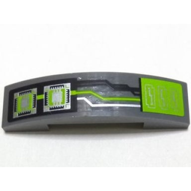 dark bluish gray slope curved 4 x 1 x 2 3 double with lime silver and black circuitry and microchips pattern sticker - set 70165