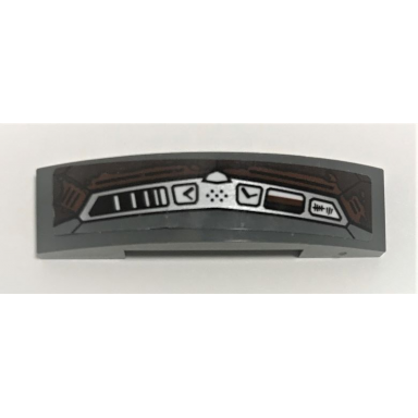 dark bluish gray slope curved 4 x 1 x 2 3 double with silver and white control panel and tally marks pattern sticker - set 70228