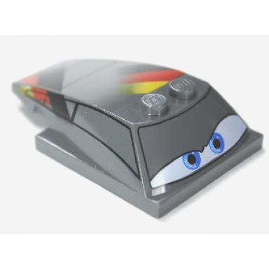 dark bluish gray wedge 6 x 4 x 1 1 3 with 4 x 4 base with blue eyes windows and black red and yellow pattern