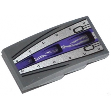 dark bluish gray slope curved 4 x 2 with dark purple stripe silver armor plates with rivets and black air intakes pattern sticker - set 70722