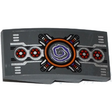 dark bluish gray slope curved 4 x 2 with grilles fans silver and purple spiral and mechanical pattern sticker - set 70168