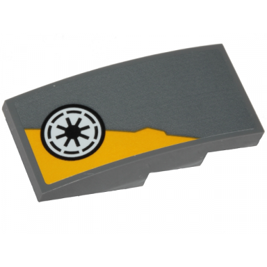 dark bluish gray slope curved 4 x 2 with yellow triangular shape and sw republic pattern model right side sticker - set 75214