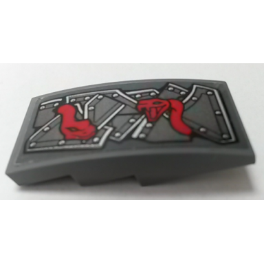 dark bluish gray slope curved 4 x 2 with metal plates and red snakes pattern model left side sticker - set 70622