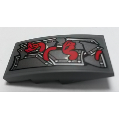dark bluish gray slope curved 4 x 2 with metal plates and red snakes pattern model right side sticker - set 70622