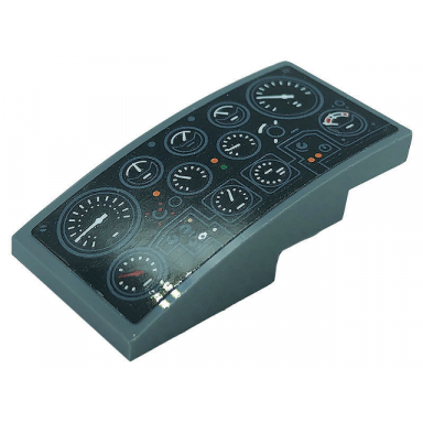 dark bluish gray slope curved 4 x 2 with black control panel with gauges and buttons pattern sticker - set 76139