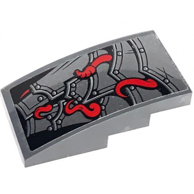 dark bluish gray slope curved 4 x 2 with silver layered armor plates and red snake tails pattern sticker - set 70625