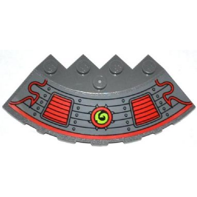 dark bluish gray brick round corner 6 x 6 with slope 33 edge facet cutout with rivets red vents and lime swirl in red circle pattern sticker - set 70504