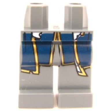 dark bluish gray hips and legs with tattered dark blue coattails with gold trim pattern