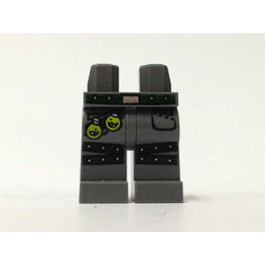 dark bluish gray hips and legs with studded dark green belt and leg straps pockets and two lime toxic bulbs pattern