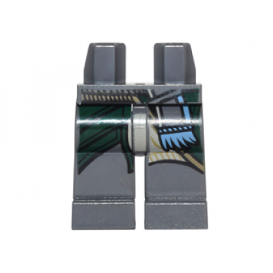 dark bluish gray hips and legs with dark bluish gray and medium blue tied belt with fringe dark green long coat pattern
