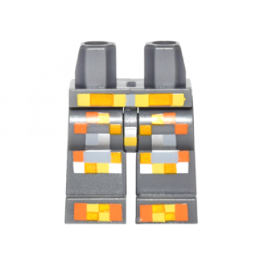 dark bluish gray hips and legs with pixelated orange yellow and silver armor pattern