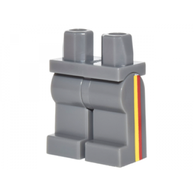 dark bluish gray hips and legs with yellow and red vertical stripes on sides pattern