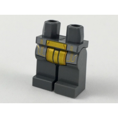 dark bluish gray hips and legs with light bluish gray and gold armor panels with orange circuitry pattern