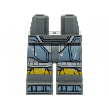 dark bluish gray hips and legs with sw mandalorian sand blue beskar armor plates over light bluish gray suit yellow knees shoe tips plain hinge pattern