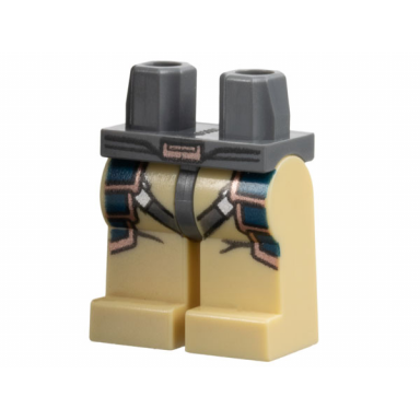 dark bluish gray hips and tan legs with copper belt buckle dark bluish gray thigh straps and dark blue and copper layered armor plates pattern