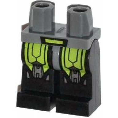 dark bluish gray hips and black legs with evil mech lime armor and silver knee pads pattern