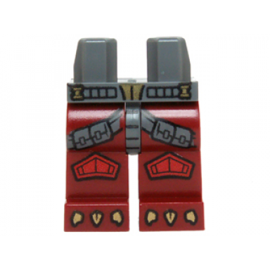 dark bluish gray hips and dark red legs with dark bluish gray straps red knee pads and gold talons pattern