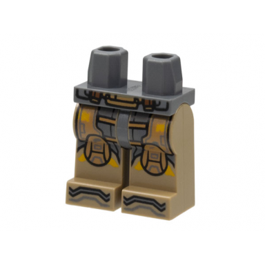 dark bluish gray hips and dark tan legs with medium nougat armor knee pads yellow trim pattern