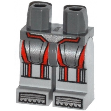 dark bluish gray hips and light bluish gray legs with silver armor with red vertical lines and silver boots pattern