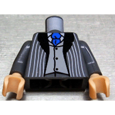 dark bluish gray torso suit jacket open with light bluish gray pinstripes and black lapels over vest with buttons and white shirt blue tie pattern dark bluish gray arms light nougat hands