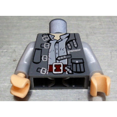 dark bluish gray torso jacket open with zipper pocket and straps with buckles over light bluish gray shirt with buttons dark red belt with silver buckle light nougat neck pattern light bluish gray arms light nougat hands