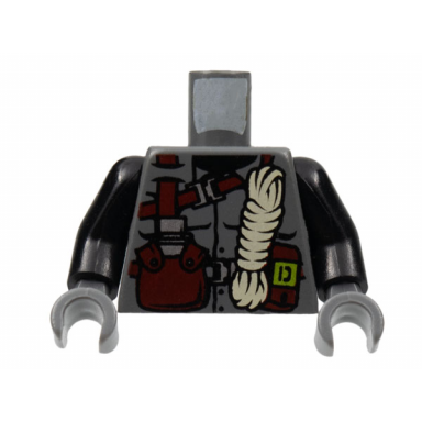 dark bluish gray torso dino vest with dark red harness canteen white rope pattern black arms dark bluish gray hands