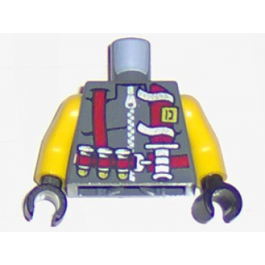 dark bluish gray torso dino vest with dark red harness 3 bullets and knife pattern yellow arms black hands