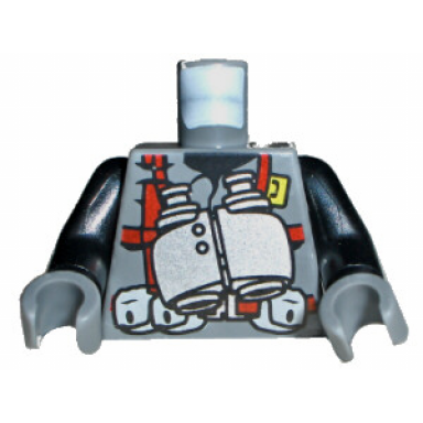 dark bluish gray torso dino vest with red harness and silver binoculars pattern black arms dark bluish gray hands