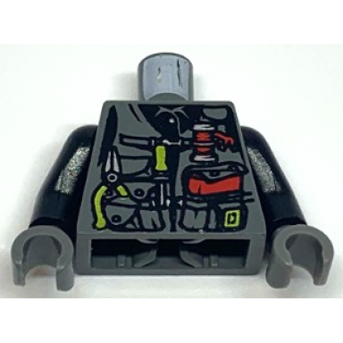 dark bluish gray torso dino vest with lime handle tools and red pocket book pattern black arms dark bluish gray hands
