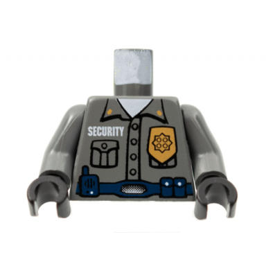 dark bluish gray torso security guard gold badge dark blue belt with radio pattern dark bluish gray arms black hands