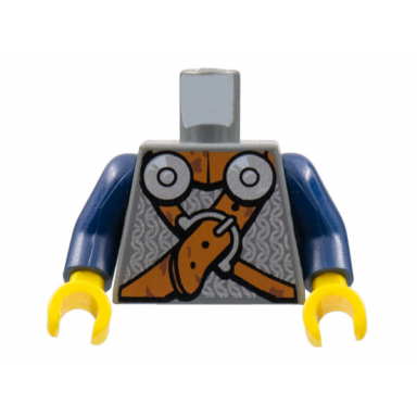 dark bluish gray torso viking armor with 2 shoulder disks and crisscross belt pattern dark blue arms yellow hands