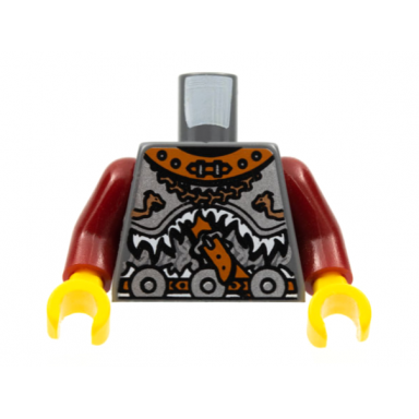 dark bluish gray torso viking armor with leather collar and 3 waist disks pattern dark red arms yellow hands