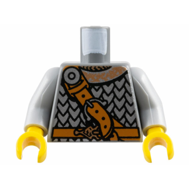dark bluish gray torso viking silver scale mail armor dark orange belt with copper buckle diagonal strap pattern light bluish gray arms yellow hands