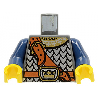 dark bluish gray torso castle fantasy era scale mail crown on buckle chest strap pattern dark blue arms yellow hands