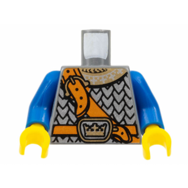 dark bluish gray torso castle fantasy era scale mail crown on buckle chest strap pattern blue arms yellow hands