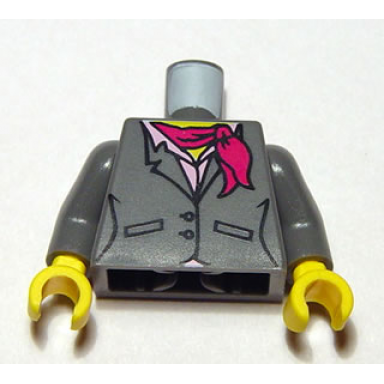 dark bluish gray torso female suit jacket with buttons and pockets over bright pink shirt with collar magenta scarf yellow neck pattern dark bluish gray arms yellow hands