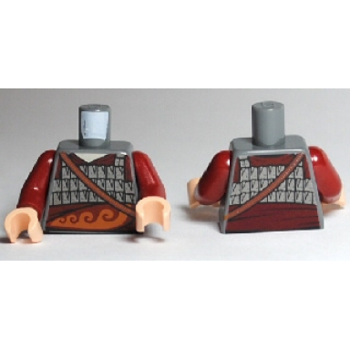 dark bluish gray torso silver scale mail sash with swirly pattern strap over shoulder dark red arms light nougat hands