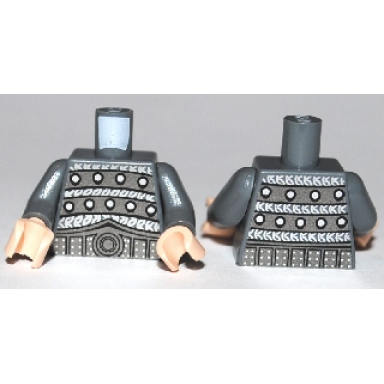 dark bluish gray torso silver and gold armor on front and back wide belt with round buckle pattern dark bluish gray arms light nougat hands