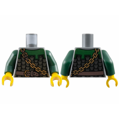 dark bluish gray torso castle kingdoms dark silver scale mail armor with dark green collar dark brown belt with gold buckle chain pattern dark green arms yellow hands