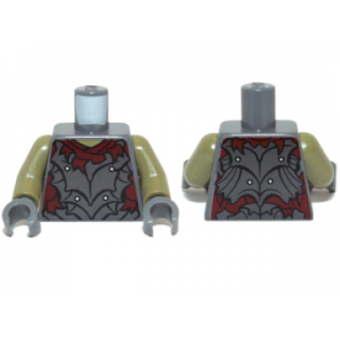 dark bluish gray torso lotr crude plate mail armor and dark red shirt tattered pattern moria orc olive green arms dark bluish gray hands