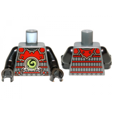 dark bluish gray torso ninjago red armor with lime swirl medallion pattern black arms black hands