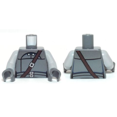 dark bluish gray torso sw vest with two small buttons dark brown shoulder strap and double belt pattern light bluish gray arms dark bluish gray hands